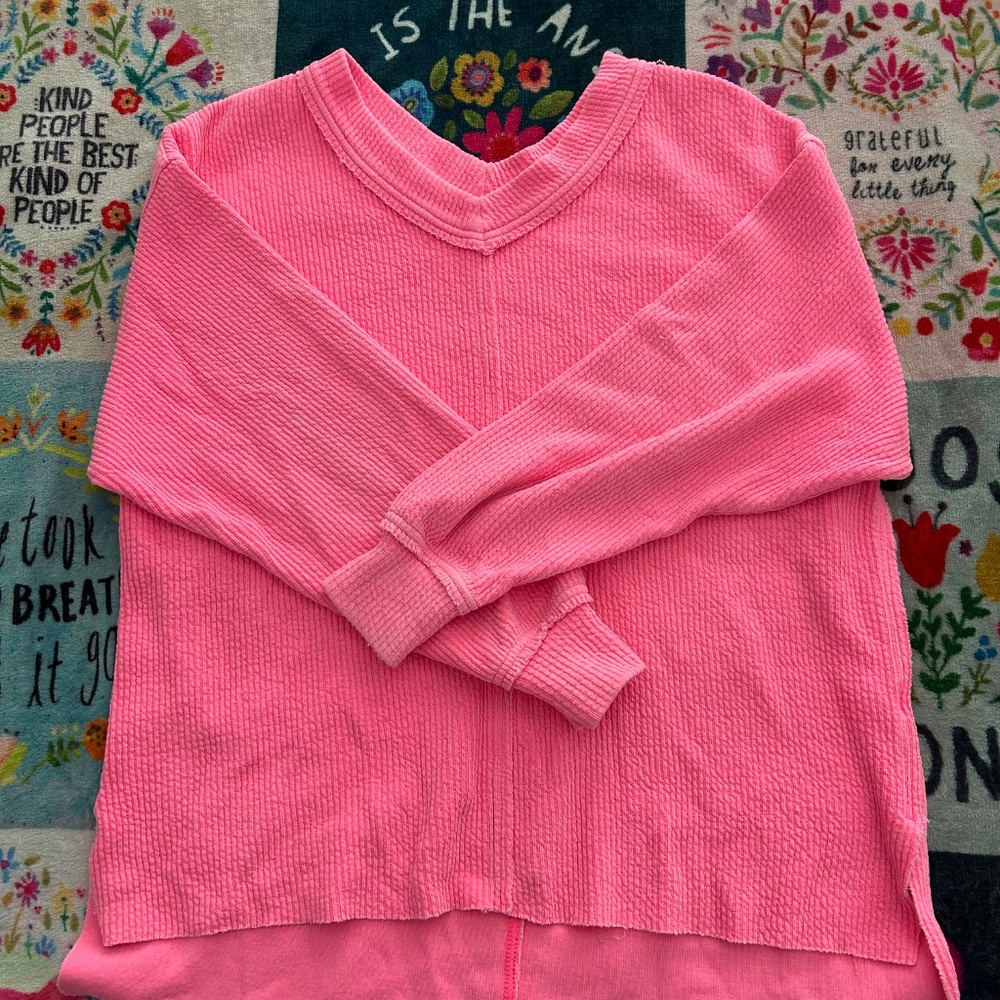 Hot Pink Aerie Ribbed V-Neck Sweatshirt - Size XS